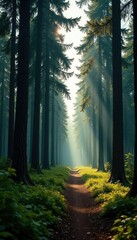 Fototapeta premium Empty forest landscape with tall trees and silence, branches, nature, solitude