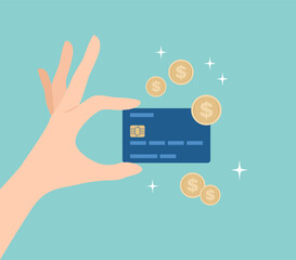 Hand holding a bank card with gold coins around, flat vector illustration