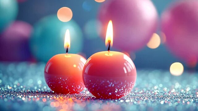 Two Festive Candles Burning Brightly on a Sparkling Surface with Soft Bokeh Background