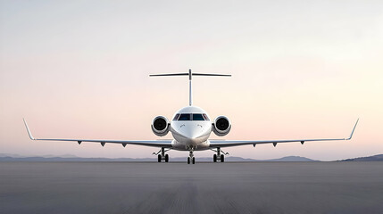 Obraz premium White Airplane Parked On Asphalt Runway During Sunset With Wings and Engines Ready for Travel