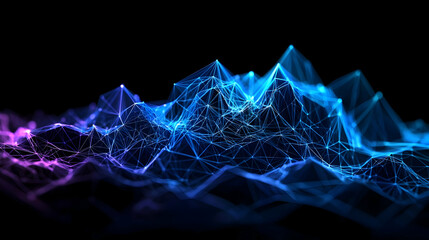 Abstract Digital Data Visualization Of Blue And Purple Connected Lines And Dots On Black Background