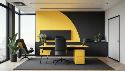 Aesthetic gradient black to yellow themed office interior concept