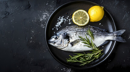 Gourmet Sea Bream: A beautifully presented, fresh sea bream dish, garnished with vibrant lemon slices and aromatic rosemary sprigs, set upon a sleek, dark plate.