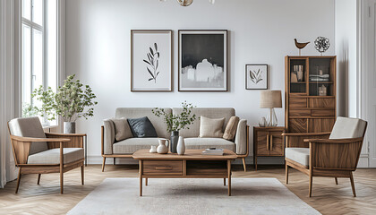 Bright Living Room With Modern Wooden Furniture And Neutral Color Palette