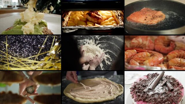 Compilation of home cooking scenes: A family preparing meals together, a woman cooking with children, a man frying fish, and various food preparation processes. High quality 4k footage