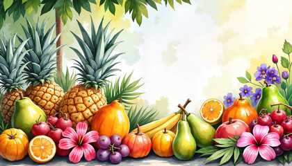Vibrant tropical fruit arrangement in watercolor style, summer delight