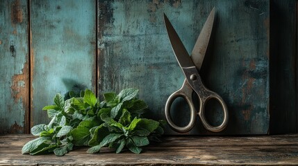 Fresh oregano herb sprigs beside vintage scissors on a rustic wooden surface.