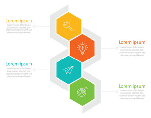 Business Infographic With Hexagon Steps For Process, Strategy, And Planning Process Visualization With 4 Steps Of Info Graph Elements Vector Illustration On Isolated Background