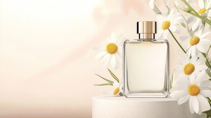 Elegant perfume bottle surrounded by daisies on a soft pastel background, ideal for beauty branding