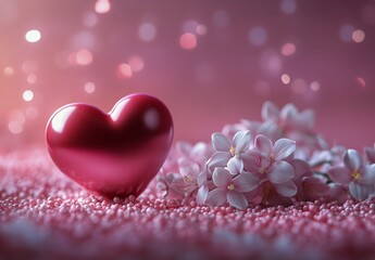 Obraz premium Heart Shaped Object Rests Among Cherry Blossoms With Bokeh Background in Soft Pastel Colors