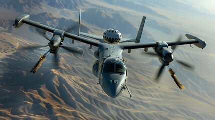 Naklejka premium Airborne early warning aircraft fused intelligence of osprey radar dome resembling bird keen eye scanning horizon feather like plating aerodynamic efficiency control battlefield above like apex aerial
