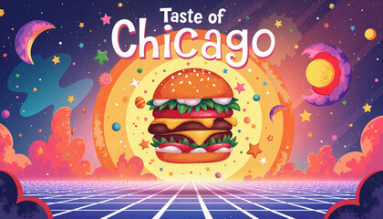 Whimsical burger floating in cosmic background, foodie paradise