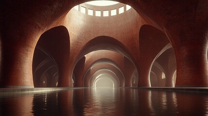 Serene architectural interior featuring brick arches over a tranquil waterway with soft lighting