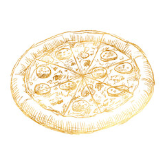Freehand golden pizza scribble isolated on white background. Texture of writing materials. Handwritten doodles and pencil strokes. Hand drawn gold pepperoni line art style