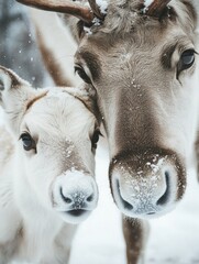 Mother and Baby Reindeer in Snow