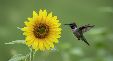 A hummingbird hovering near a flower.
