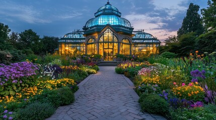 Ornate glasshouse illuminated at twilight, surrounded by vibrant flowerbeds and a paved walkway.