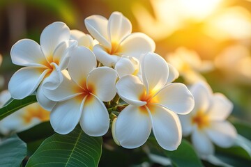 Fototapeta premium Close-up of vibrant white plumeria flowers with yellow accents, glowing in sunset light, surrounded by lush green leaves