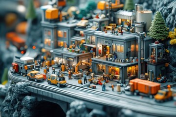 Fototapeta premium Miniature city scene depicts bustling activity with workers and vehicles on a detailed model layout