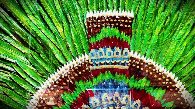 A colorful feather headdress with gold accents. The feathers are green, red, and blue