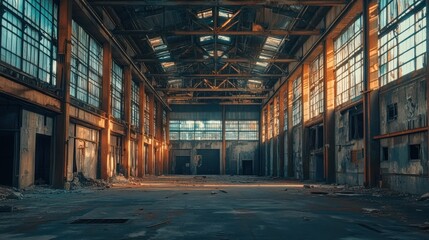Eerie atmosphere in dilapidated industrial warehouse with large windows and weathered walls