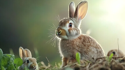 Fototapeta premium Adorable Baby Rabbits In Sunny Meadow