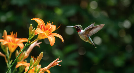 A hummingbird hovering near a flower.
