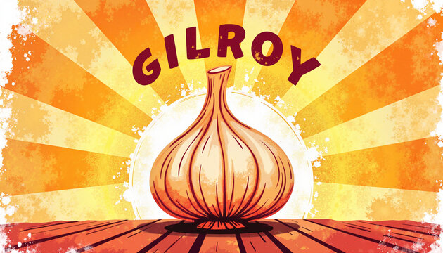 Bold garlic bulb illustration celebrating Gilroy Garlic Festival, culinary joy