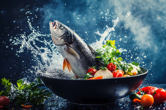 Aquatic Elegance: A culinary spectacle unfolds as a shimmering fish bursts forth from a bowl, embraced by a cascade of water and vibrant vegetables in a display of freshness and flavor. 
