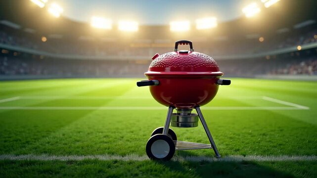 Grill on Stadium Field During Football Match with Bright Lights for Festive Pre-Game Tailgating