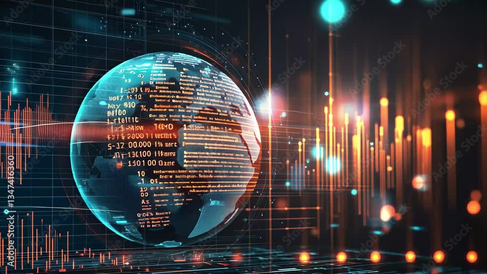 Poster exploring the intersection of globe and digital data processing with vibrant glowing elements, globe