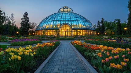 Stunning glass dome conservatory at twilight, surrounded by colorful tulip gardens.  Pathway leads to the center.  Peaceful and vibrant.