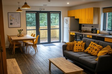 Obraz premium Modern open-plan living space with a kitchen, dining area, and lounge. Features yellow accents and wood flooring.