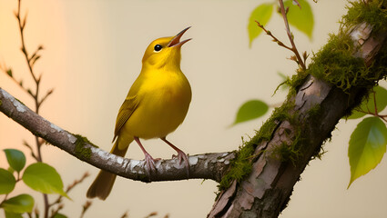 beautiful golden songbird on tree branch