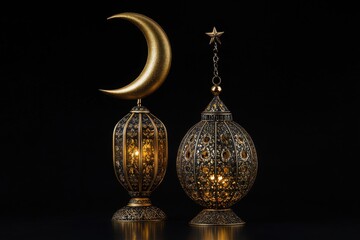 Two ornate lanterns with crescent moon and star on a black background illuminated by soft light