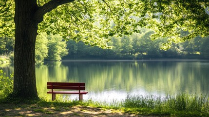 Obraz premium Tranquil Lakeside Bench Underneath Tree