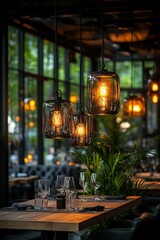 Vintage industrial hall interior features wooden tables, chairs, greenery, glass jars with warm light. Concept: vintage industrial hall interior showcases inviting, elegant decor, design.