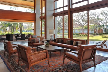 Obraz premium Modern living room with leather furniture and expansive windows overlooking a lush green lawn.