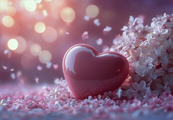 Fototapeta premium Heart Shaped Object Rests Among Cherry Blossoms With Bokeh Background in Soft Pastel Colors