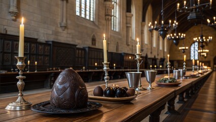 Elegant dining table set with chocolate and candles in historic hall