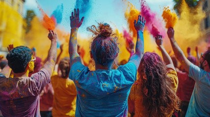 Vibrant Holi Festival Celebration with Joyful People Throwing Colorful Powders in the Air