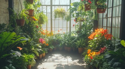 Vibrant greenhouse filled with lush plants and flowers, bathed in sunlight through large windows.