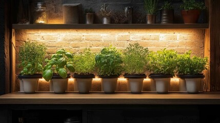Indoor herb garden on a wooden shelf with LED lighting.  Fresh herbs in pots, well-lit and vibrant.