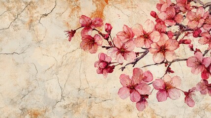 Elegant cracked paper with ink illustrations of cherry blossoms, warm and vintage.