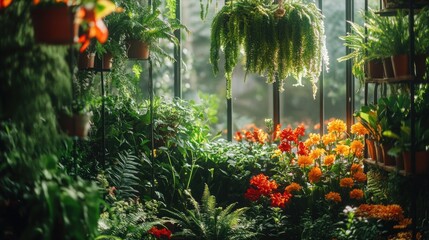 Vibrant indoor garden with lush plants, hanging ferns, and colorful flowers in a greenhouse setting.