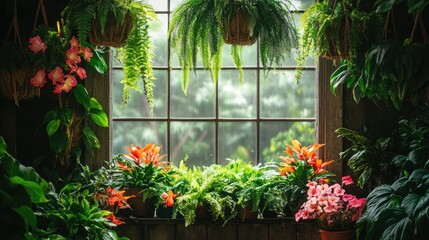 Lush indoor plants overflowing windowsill with vibrant flowers and ferns.