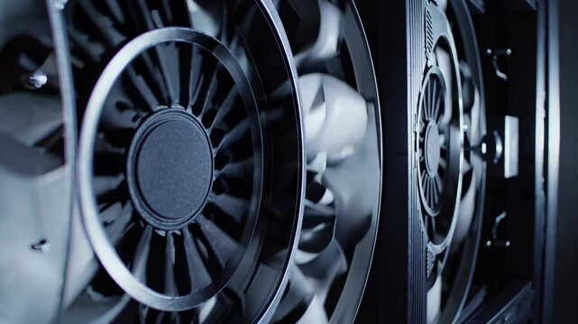 Powerful cooling fans spinning rapidly inside server rack, generating efficient airflow and maintaining optimal performance for advanced data center infrastructure