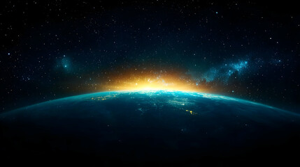 Obraz premium Blue Planet Earth Rising Above Dark Space With Shining Stars And Golden Sunlight Panorama
