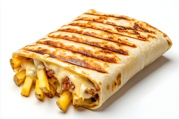 A golden brown french taco with a melted cheese sauce, french fries and beef isolated on a white background