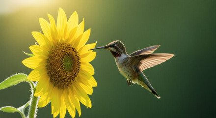 A hummingbird hovering near a flower.
